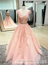 Pink Sleeveless V Neck Tulle Lace Applique Long Semi Formal Prom Dresses